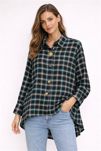 Özel Tasarım Broş Düğmeli Ekose gömle-siyah