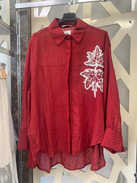 Pamuklu Kumaş Aplike Detaylı Gömlek -bordo
