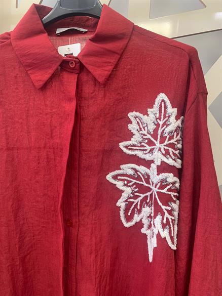 Pamuklu Kumaş Aplike Detaylı Gömlek -bordo