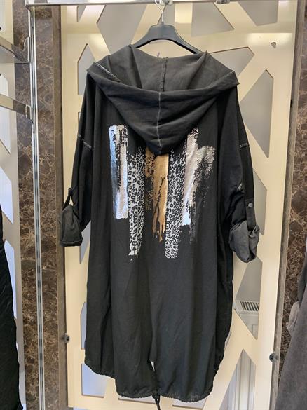 Pamuklu Kumaş Arkası Baskılı Kapüşonlu Ceket -siyah