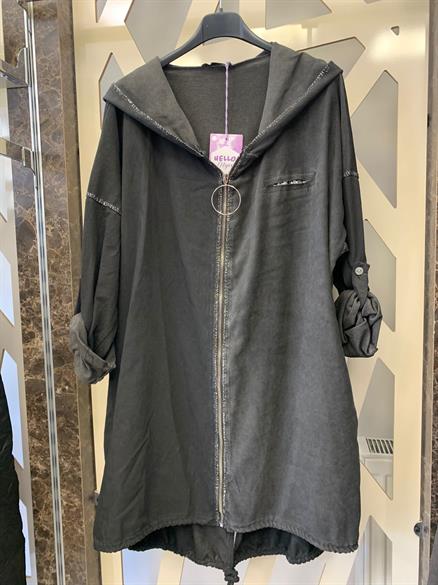 Pamuklu Kumaş Arkası Baskılı Kapüşonlu Ceket -siyah