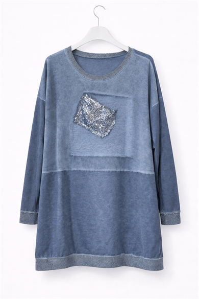 Payet Detaylı Mavi Oversize tunik-mavi