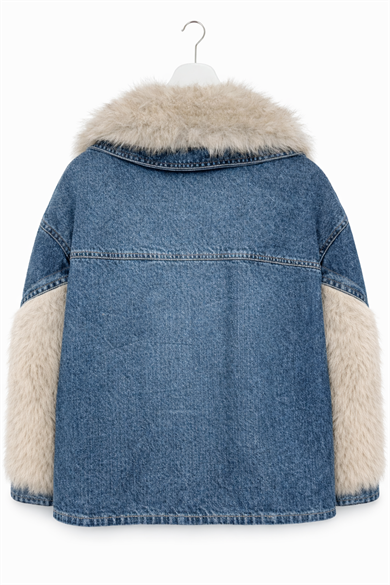 Payet İşlemeli Denim Kürk Mont