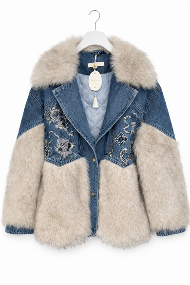 Payet İşlemeli Denim Kürk Mont