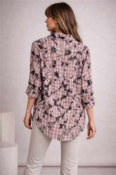 Pudra Ekose Dantel Detaylı Oversize Gömlek