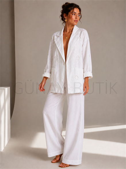 Taş Detaylı Fsitolu Keten Kumaş Oversize Beyaz Blazer Ceket
