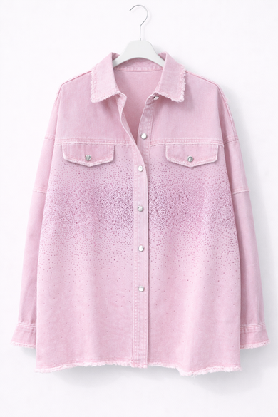 Taş Detaylı Pembe Denim Ceket