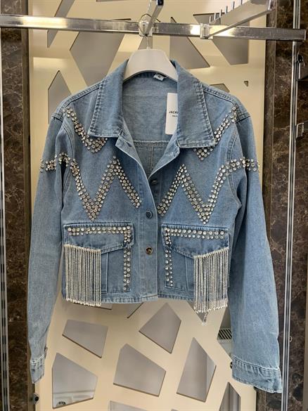 Taş İşlemeli Tasarım Kot Ceket -mavi