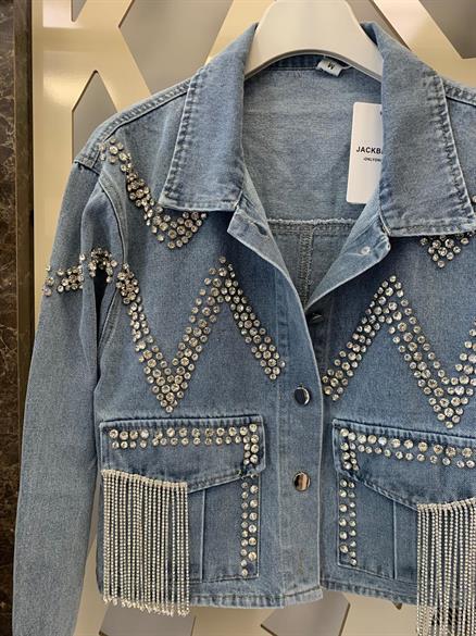 Taş İşlemeli Tasarım Kot Ceket -mavi