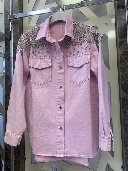 Tasarım Çakma Taşlı Kot Ceket – Pembe
