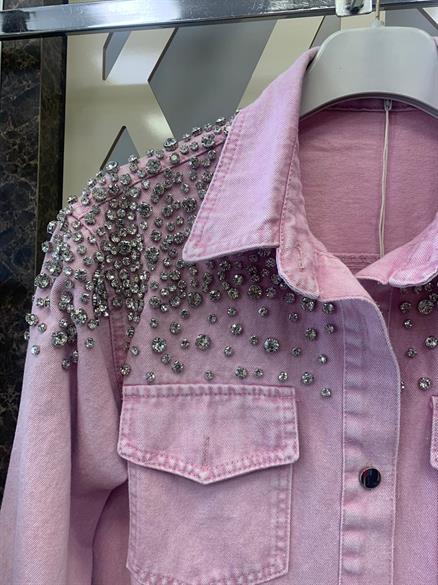 Tasarım Çakma Taşlı Kot Ceket – Pembe