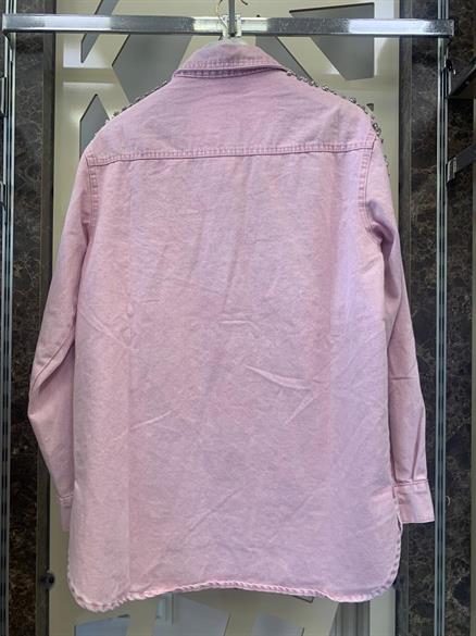 Tasarım Çakma Taşlı Kot Ceket – Pembe