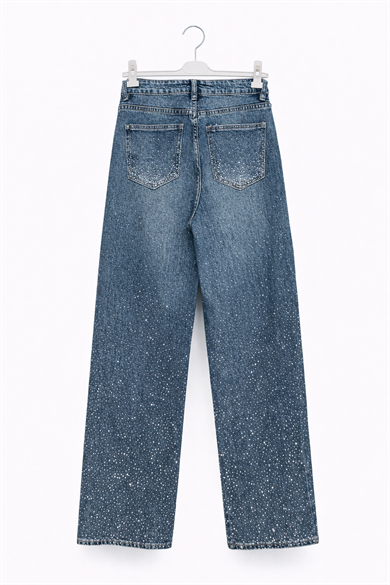 Taşlı Yüksek Bel Bol paça  Jean Pantolon
