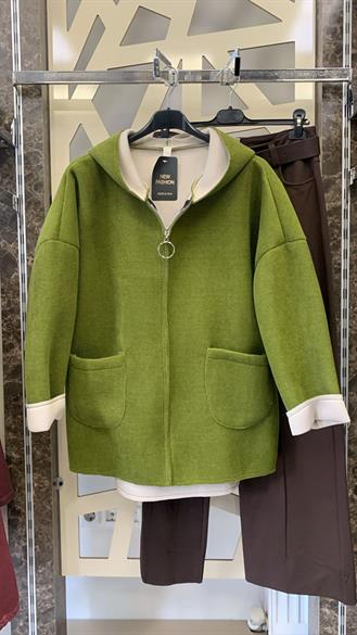 Yeşil Kapüşonlu Oversize Ceket |