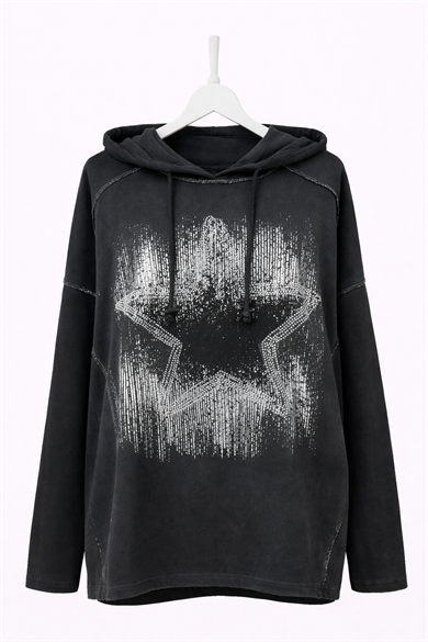 Yıldız Baskılı Taş Detaylı Kapüşonlu Oversize Kadın Sweatshirt