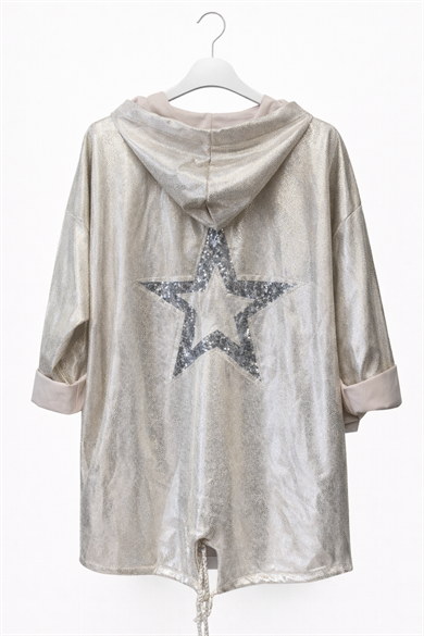 Yıldız Payet Detaylı Deri Görünümlü Nubuk Kapüşonlu Oversize Ceket-gold