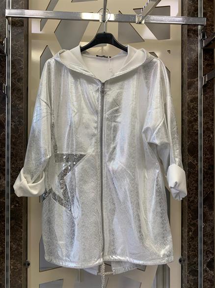 Yıldız Payet Detaylı Deri Görünümlü Nubuk Kapüşonlu Oversize Ceket-gümüş 