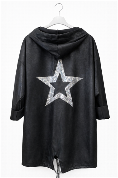 Yıldız Payet Detaylı Deri Görünümlü Nubuk Kapüşonlu Oversize Ceket-siyah