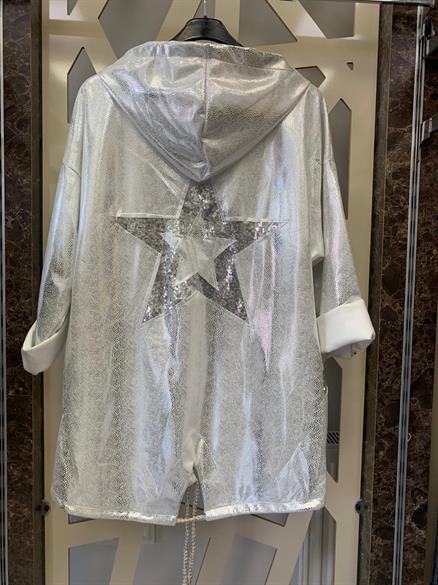 Yıldız Payet Detaylı Deri Görünümlü Nubuk Kapüşonlu Oversize Ceket-gümüş 