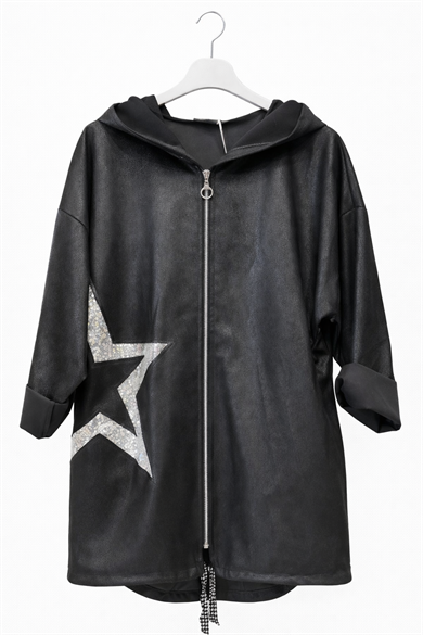 Yıldız Payet Detaylı Deri Görünümlü Nubuk Kapüşonlu Oversize Ceket-siyah
