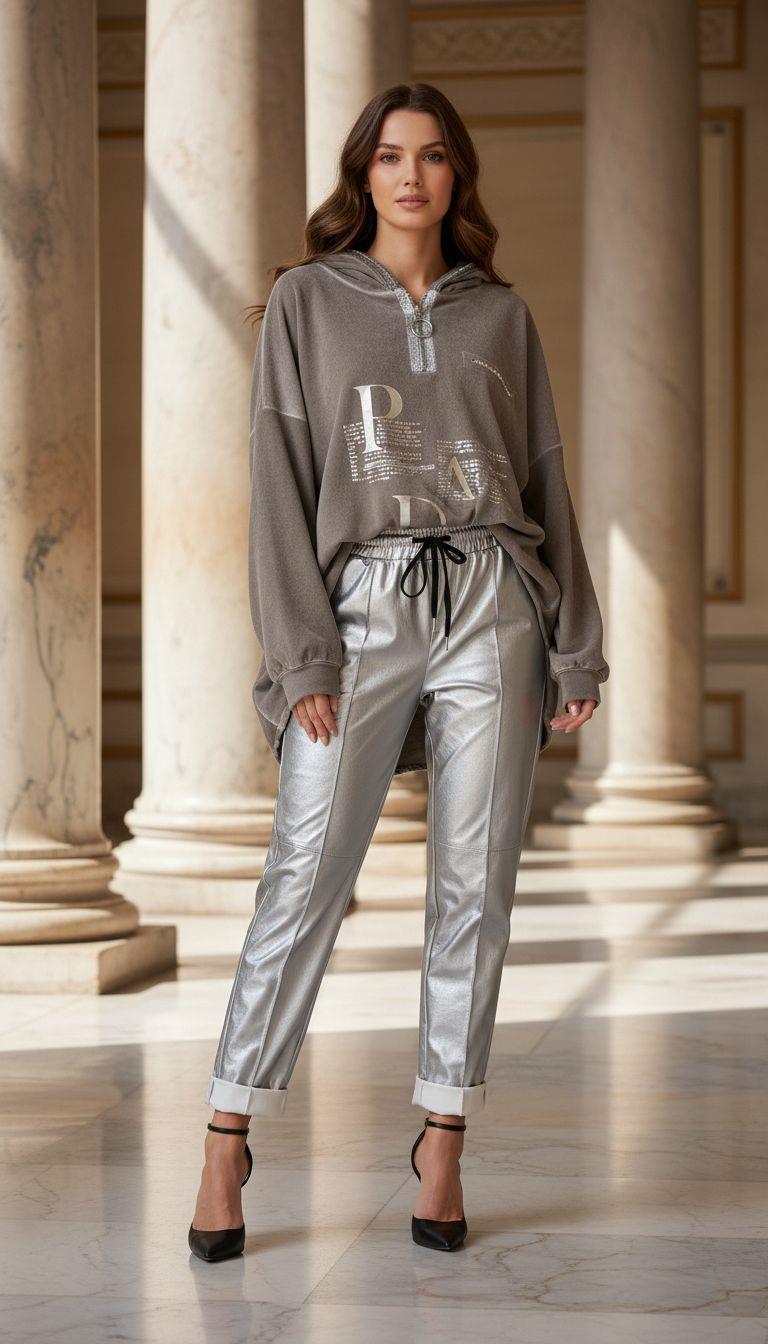  Deri Görünümlü Oversize Beden İthal Pantolon -gümüş