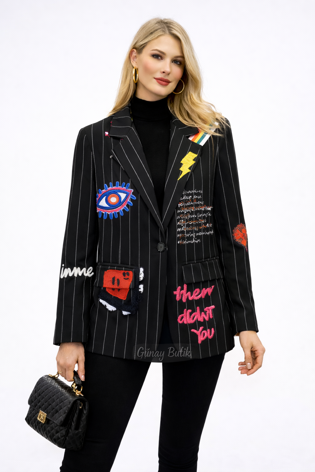 Aplike Detaylı Çizgili Oversize Blazer Ceket