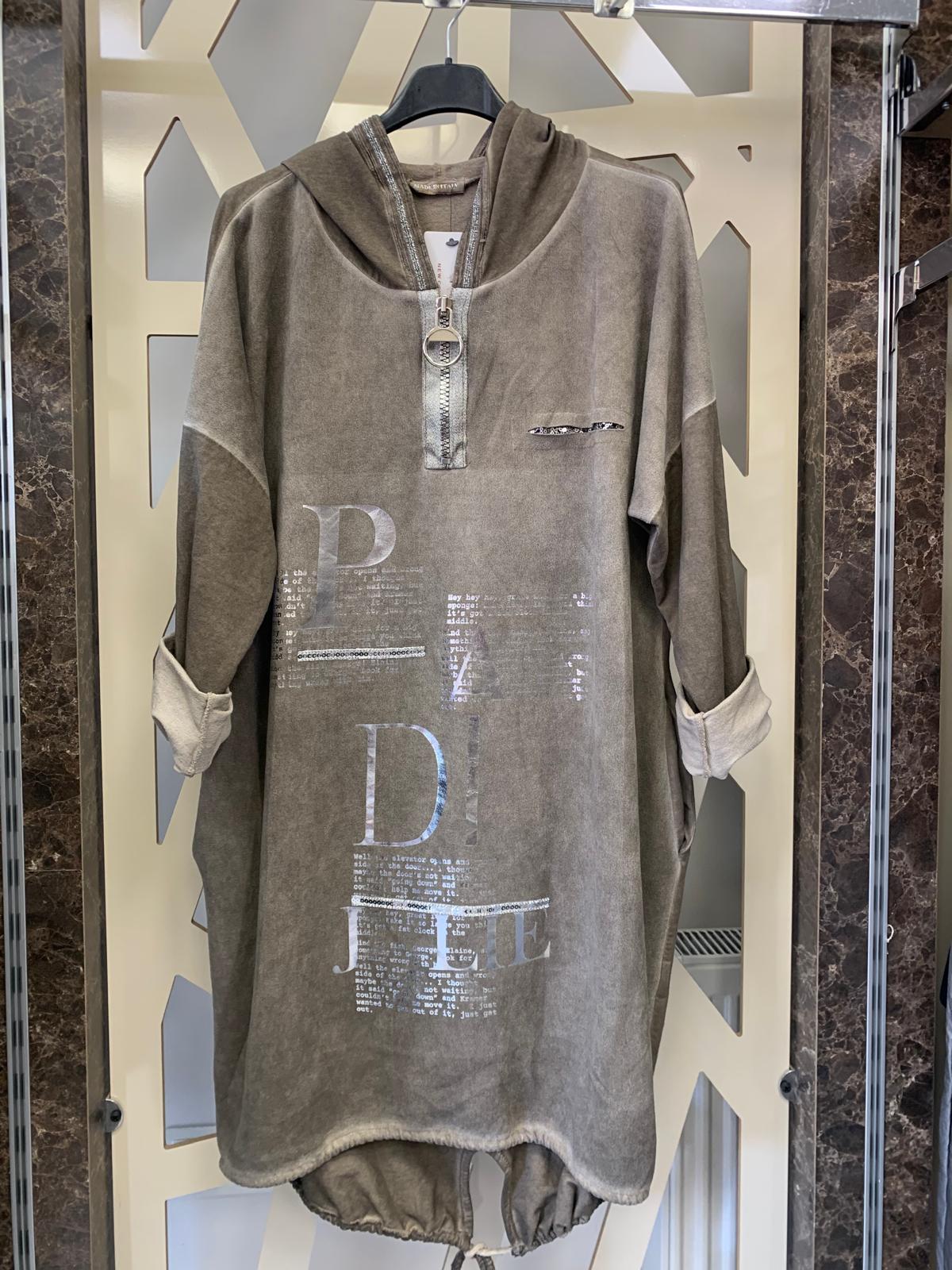 Arkası KesiK payetli Önü Desenli kapüşonlu Tunik-vizon