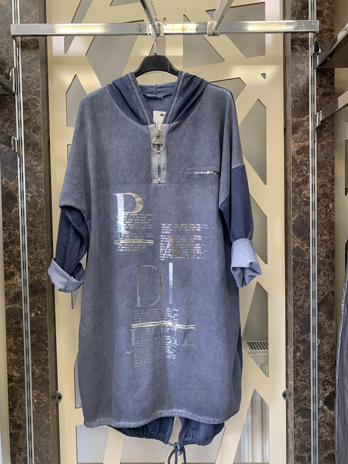 Arkası KesiK payetli Önü Desenli kapüşonlu Tunik-indigo