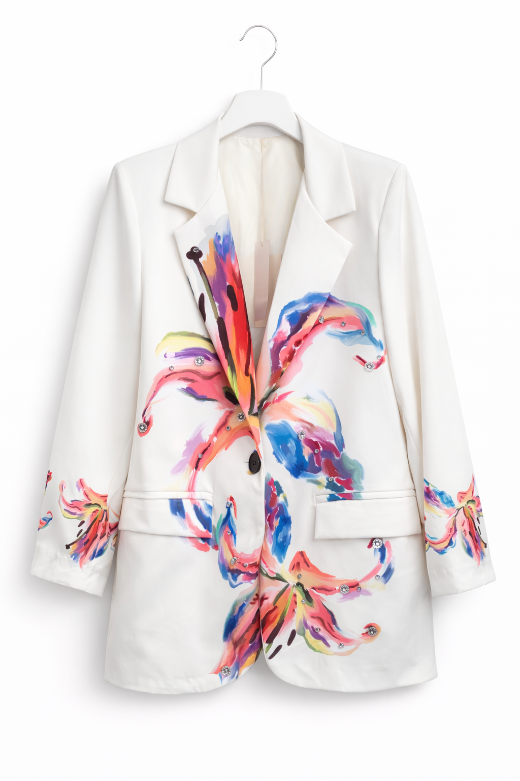 Beyaz Çiçek Desenli Blazer Ceket