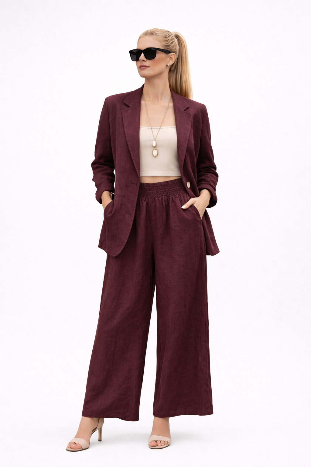Bordo Keten Takım – Salaş Kesim Blazer Ceket & Bol Paça Pantolon Takım