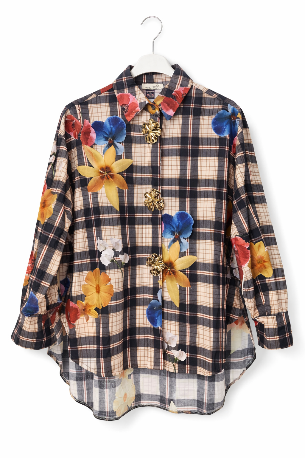 Çiçek Desenli Ekose Kadın Gömlek – Rahat Kesim, Uzun Kollu