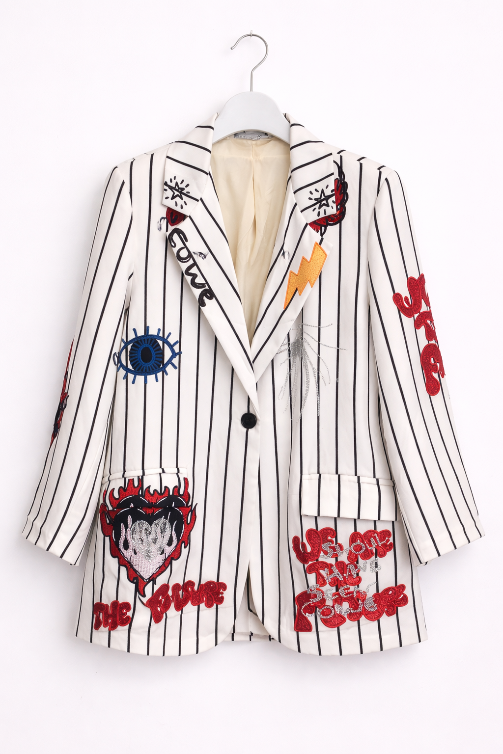 Çizgili Patch Detaylı Kadın Blazer Ceket – beyaz