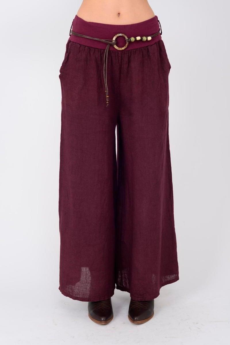 Geniş Paça Keten Pantolon -bordo