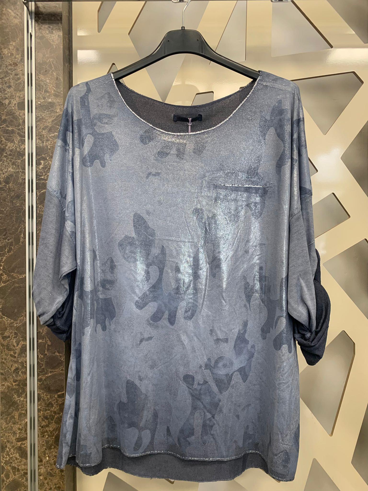İthal Işıltılı Soyut Desenli Havuz Yaka Oversize Bluz-Lacivert
