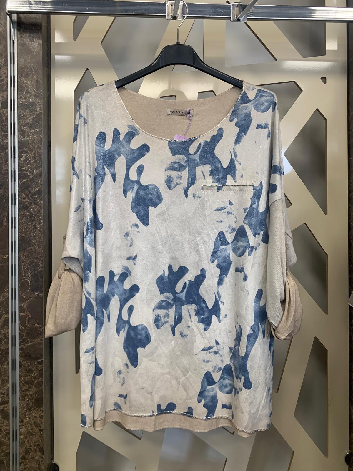 İthal Işıltılı Soyut Desenli Havuz Yaka Oversize Bluz-bej