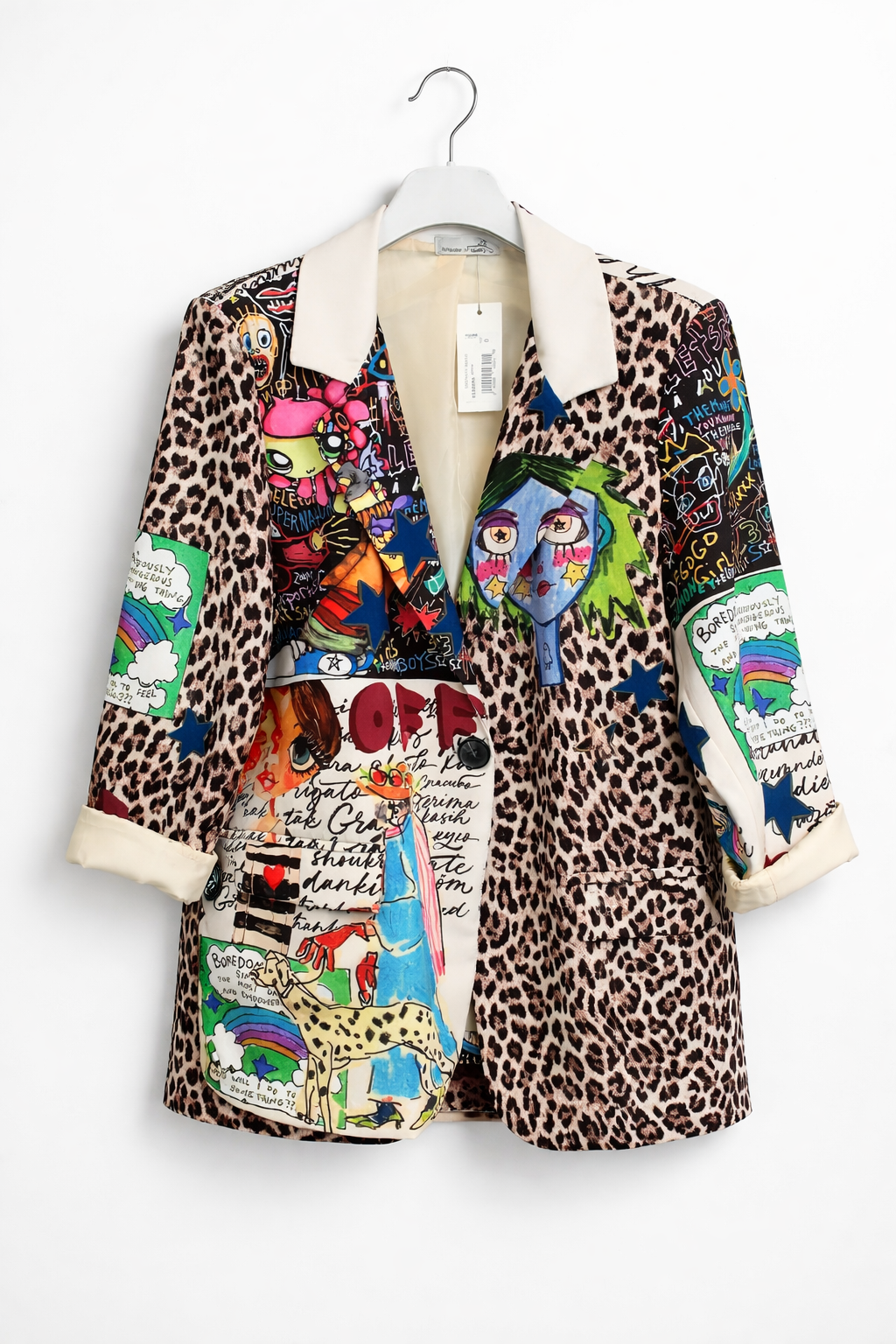 Leopar Desenli Graffiti Baskılı Kadın Blazer Ceket – Oversize Şık Tasarım Ceket