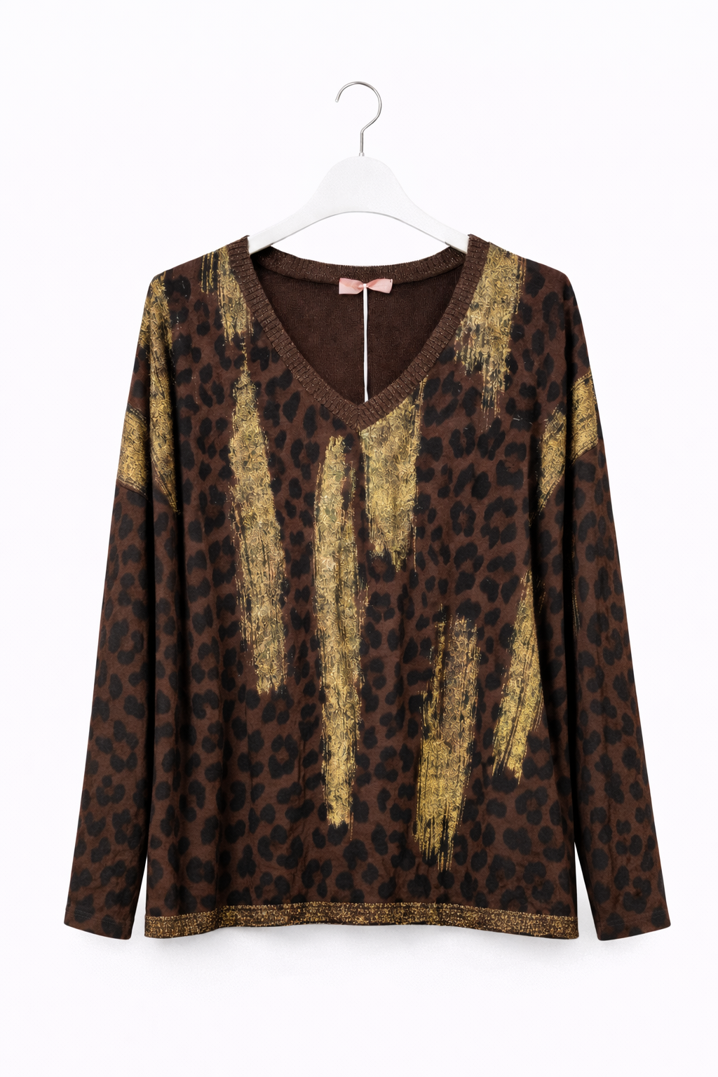 Leopar Desenli Simli V Yaka Kadın Bluz (42–48 Beden)