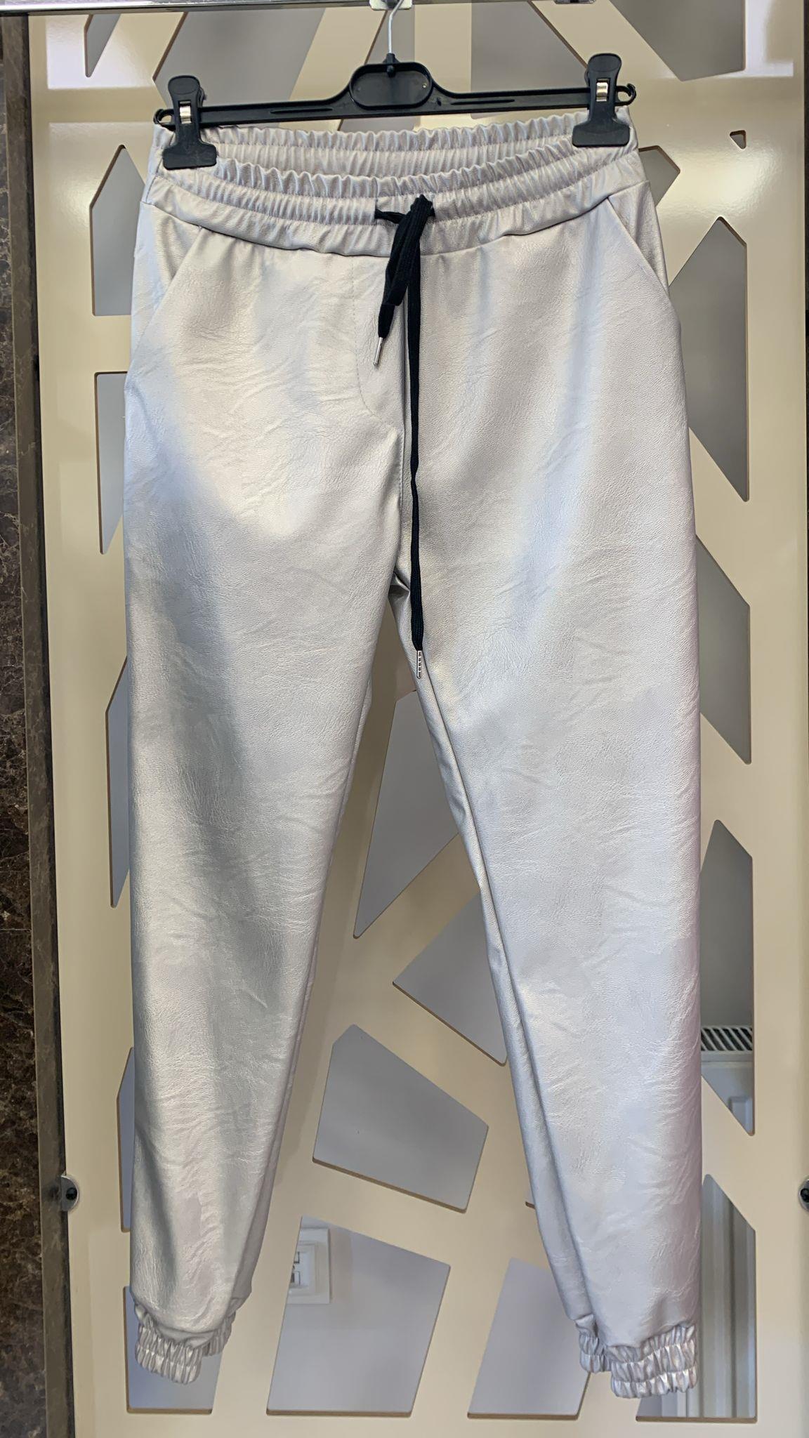 Metalik Parlak Jogger Pantolon - Gümüş Gri