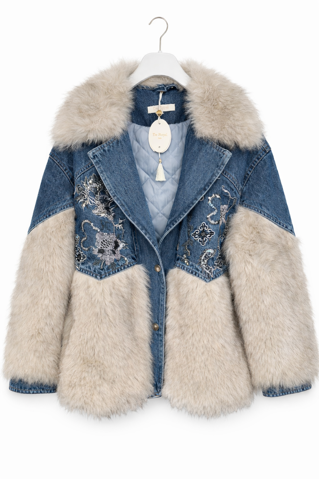 Payet İşlemeli Denim Kürk Mont