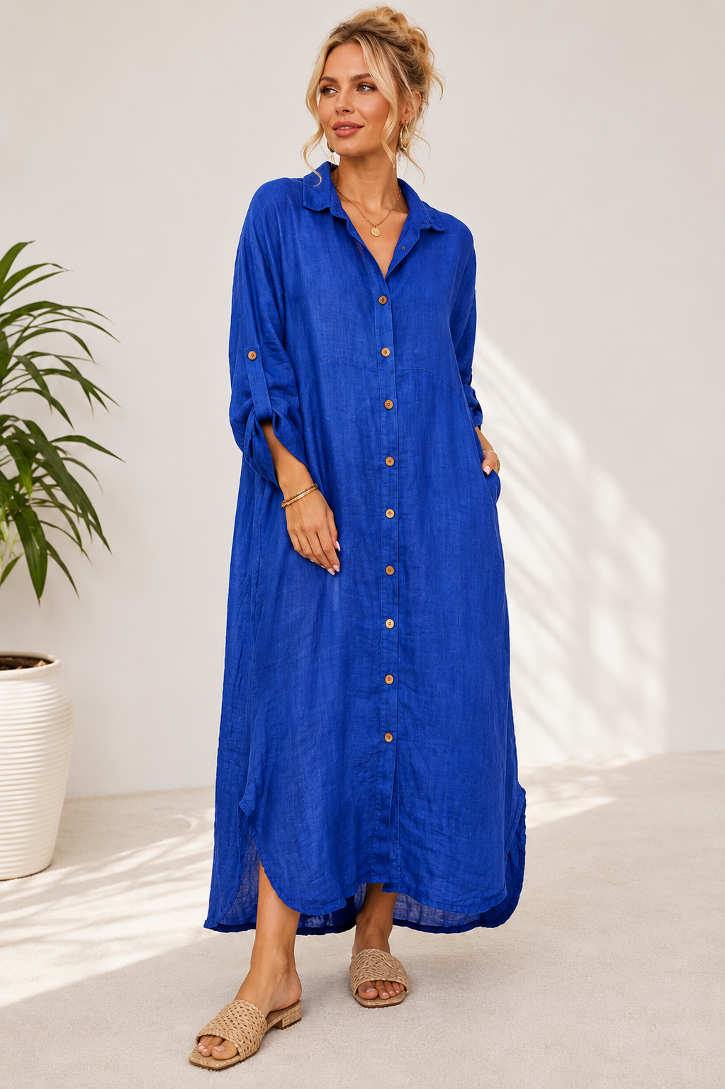 Saks Mavisi Keten Oversize Beden Gömlek Elbise 