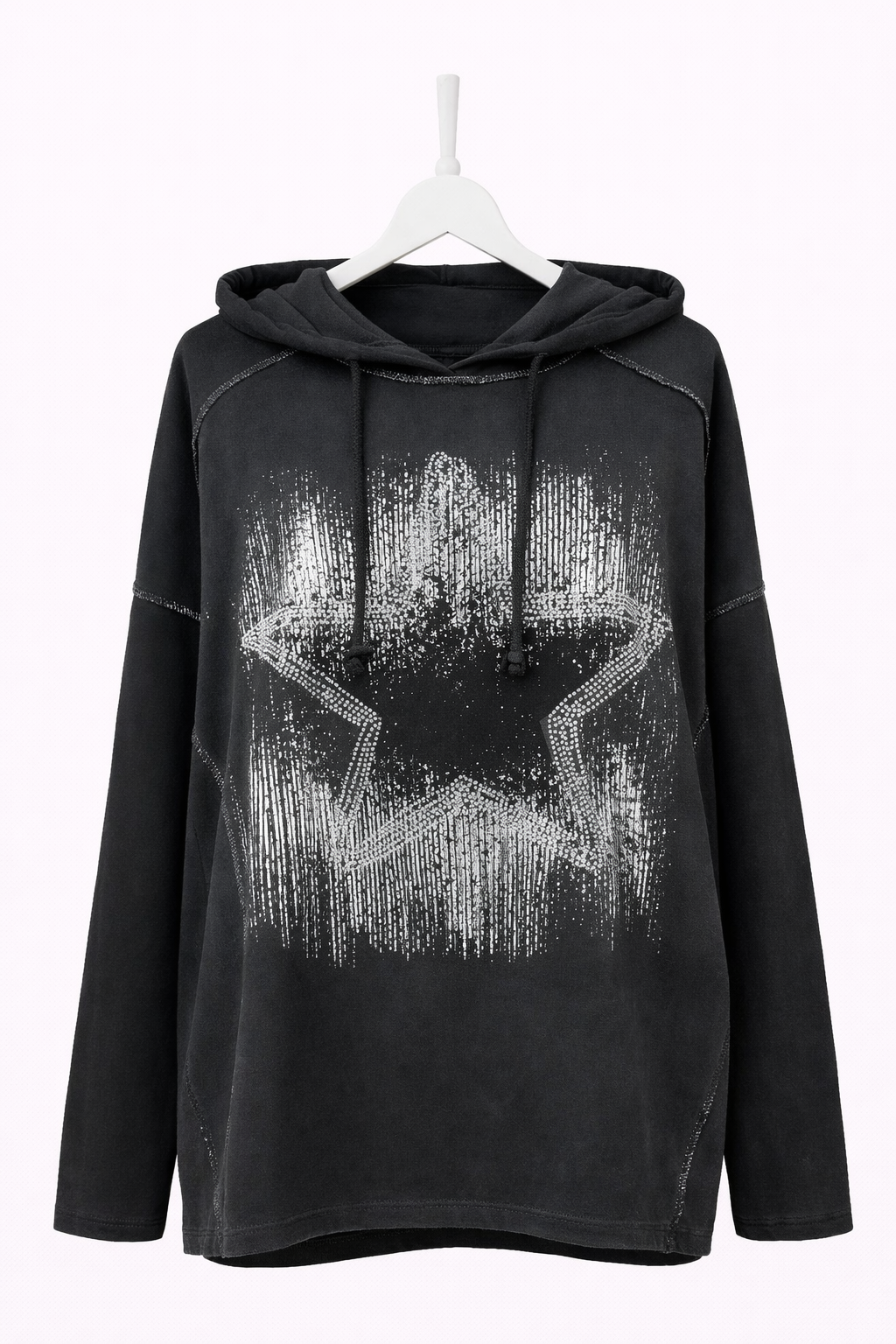 Yıldız Baskılı Taş Detaylı Kapüşonlu Oversize Kadın Sweatshirt