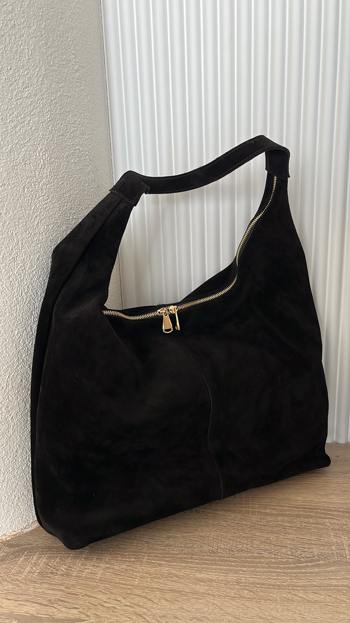 Siyah Çift Fermuarlı Süet Shopper Omuz Çantası