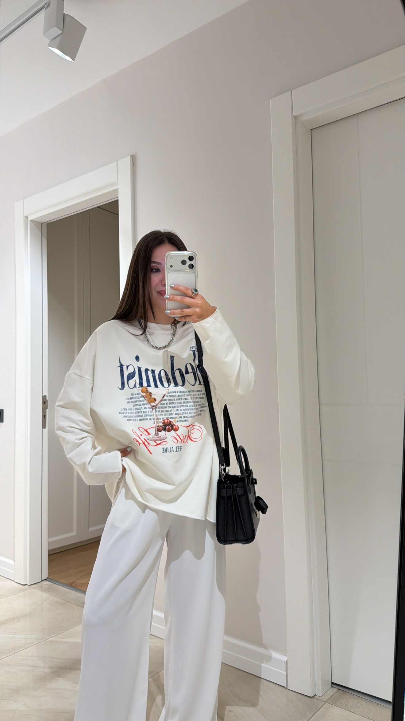 Ekru Bisiklet Yaka Ön Baskılı İnce Sweatshirt