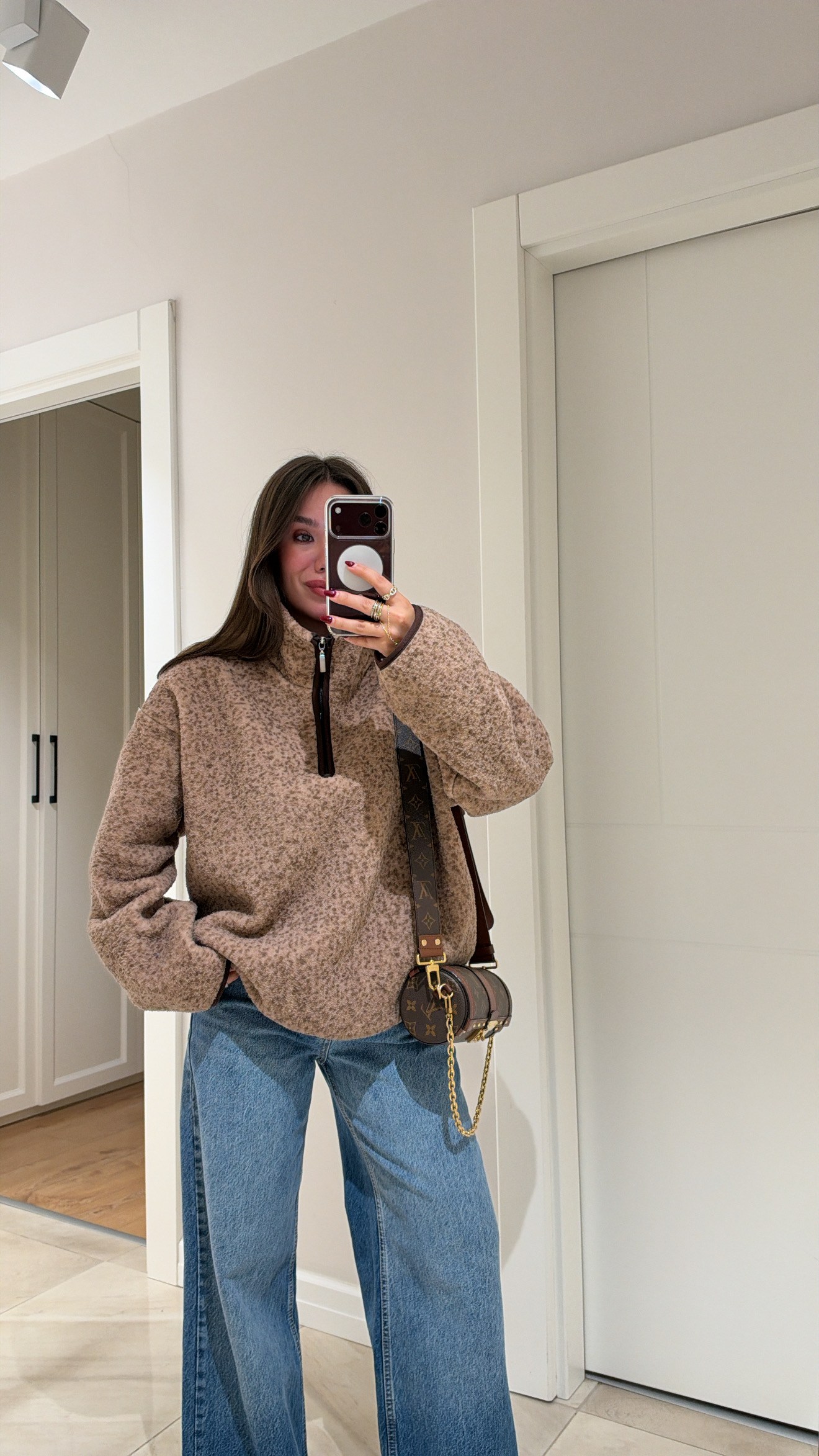Bej Kahve Benekli Dik Yaka Polar Sweatshirt