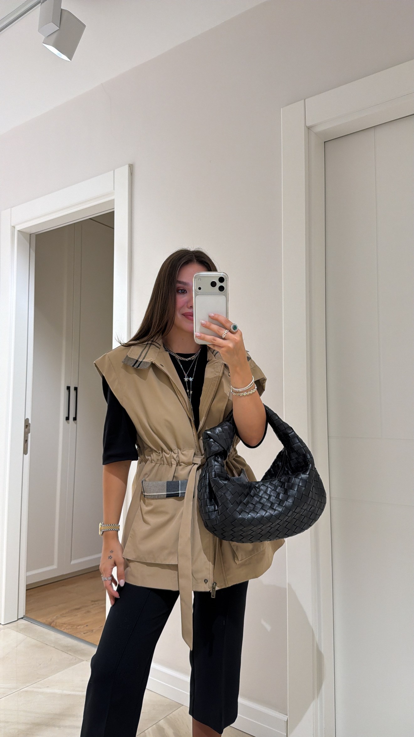 Camel Ekose Detaylı Beli Kuşaklı Yelek