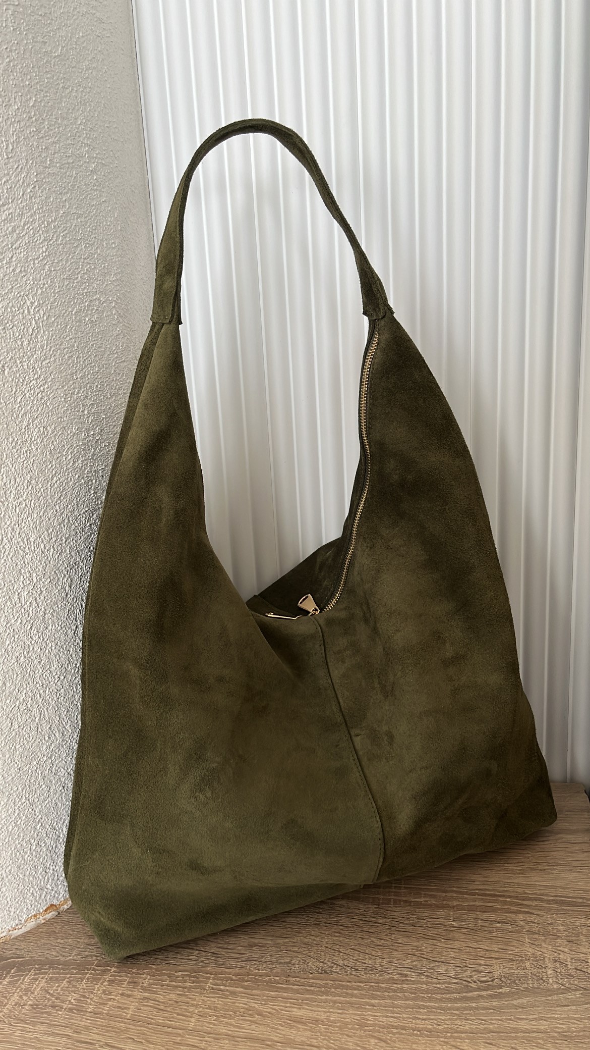 Haki Çift Fermuarlı Süet Shopper Omuz Çantası