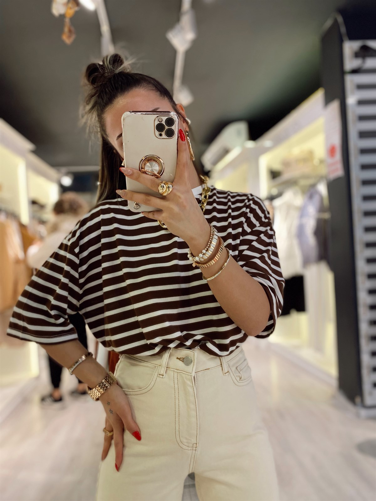 Acı Kahve Beyaz Çizgili Basic Tshirt
