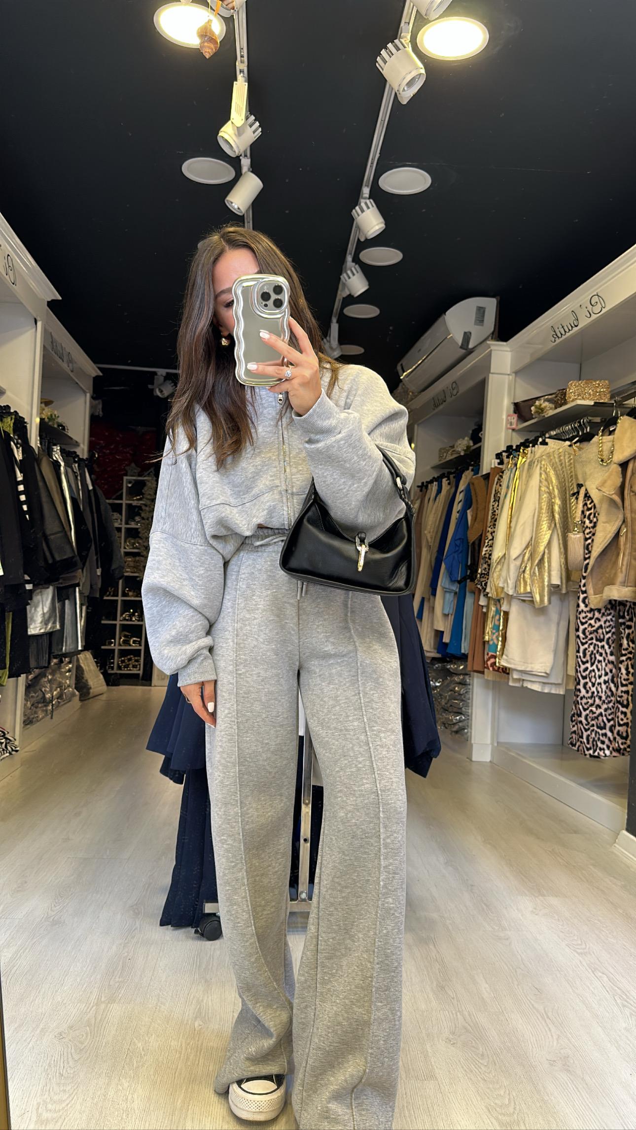Açık Gri Bisiklet Yaka Fermuarlı Sweat Takım