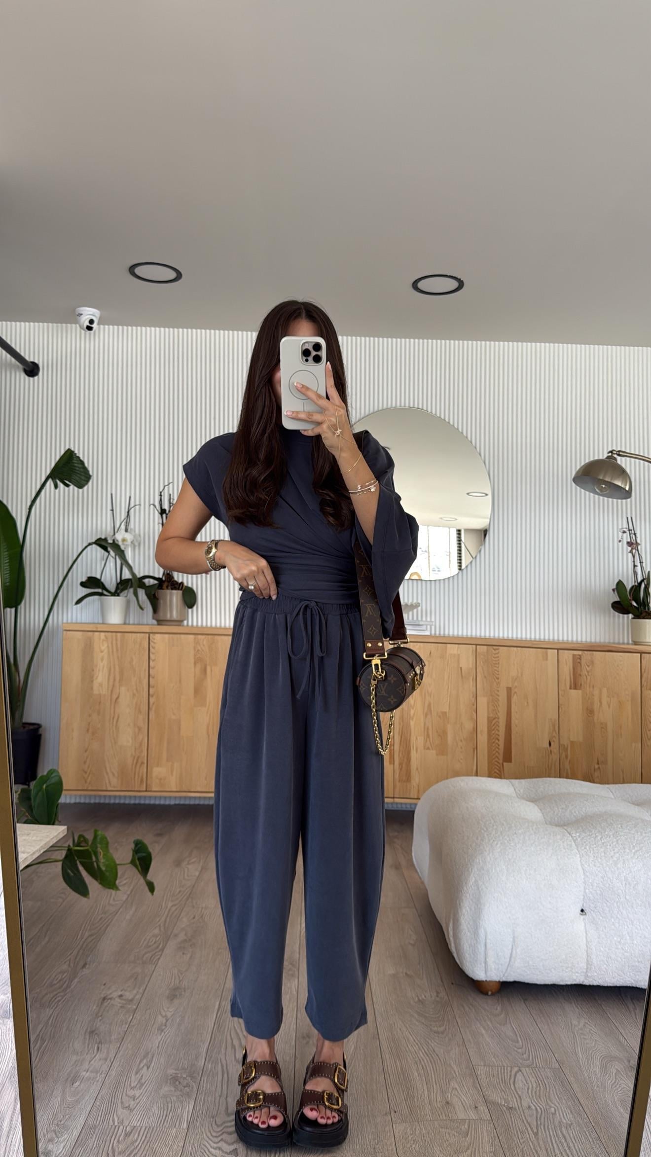 Antrasit Asimetrik Drapeli Şalvar Pantolon Takım