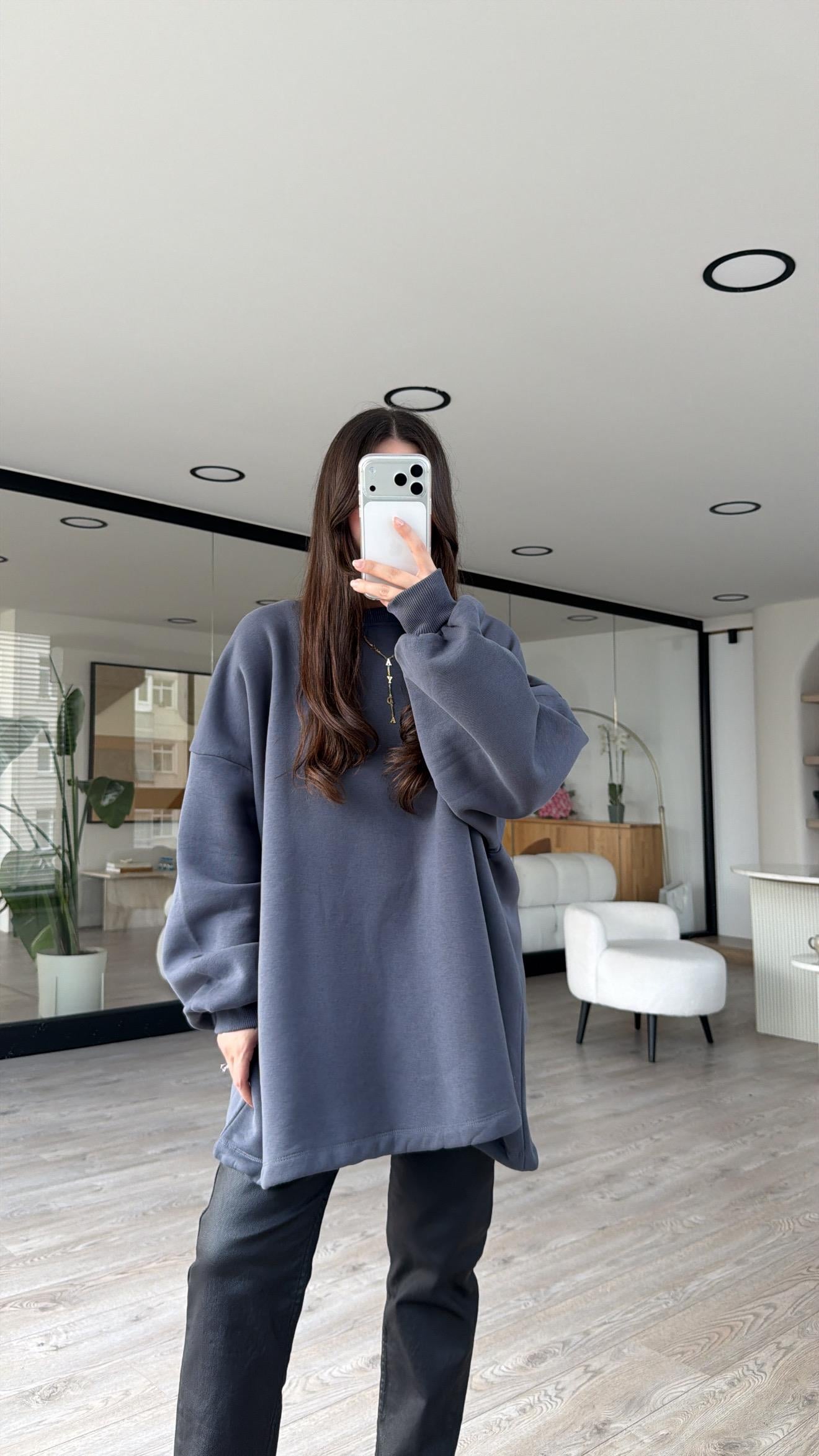 Antrasit Balon Kol Modal Kumaş Sweat